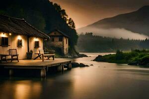 a small cabin sits on the edge of a river. AI-Generated photo