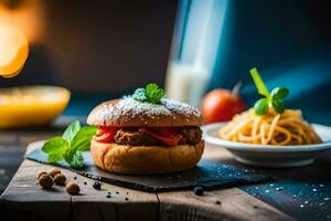 a hamburger with tomato, cheese and herbs on a wooden board. AI-Generated photo
