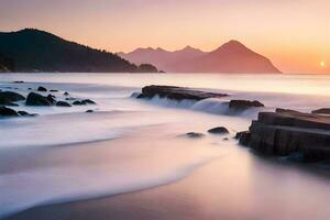 a long exposure photograph of waves crashing on the shore. AI-Generated photo