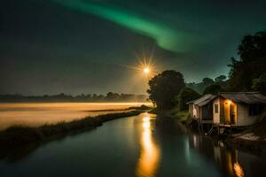 a house on the river with the aurora borealis in the sky. AI-Generated photo