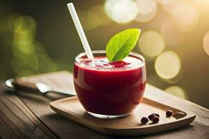 a red smoothie with a straw on a wooden tray. AI-Generated photo