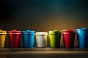 a row of colorful plastic cups on a dark background. AI-Generated photo