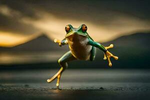 a frog jumping in the air with its legs spread. AI-Generated photo