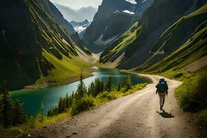 a man walks down a dirt road in the mountains. AI-Generated photo