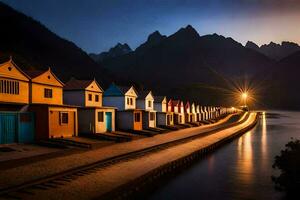 a row of houses along the shore of a lake at night. AI-Generated photo