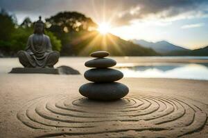 a zen buddha statue and a stack of stones on the beach. AI-Generated photo