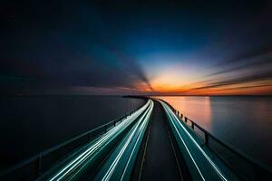 un largo exposición fotografía de un puente con carros conducción en él. generado por ai foto