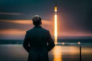 a man in a suit stands in front of a rocket. AI-Generated photo