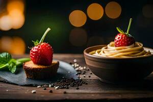 pasta with strawberries on a wooden table. AI-Generated photo