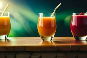 three different types of juices are lined up on a table. AI-Generated photo