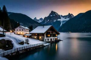 un casa se sienta en el apuntalar de un lago a puesta de sol. generado por ai foto