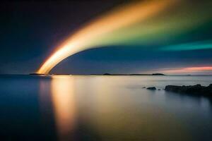a rainbow light is seen in the sky over water. AI-Generated photo