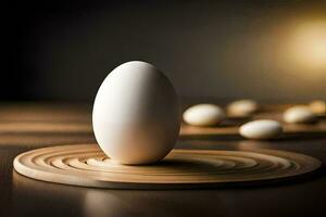 an egg on a wooden board with other eggs. AI-Generated photo