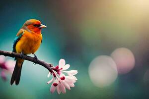 a colorful bird sits on a branch with a pink flower. AI-Generated photo