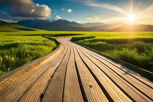 a wooden path leads to the mountains at sunset. AI-Generated photo