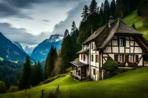 a house in the mountains with a view of the mountains. AI-Generated photo