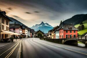 un calle en el Alpes con montañas en el antecedentes. generado por ai foto