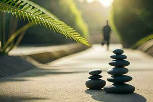 a man walking through a park with a stack of rocks. AI-Generated photo