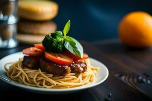 un plato de espaguetis con carne y vegetales. generado por ai foto