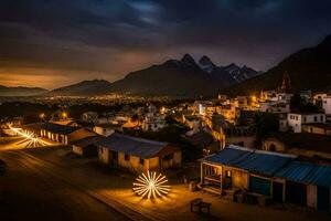 un pueblo a noche con luces en el edificios generado por ai foto