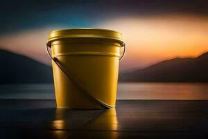 a yellow bucket sitting on a table in front of a lake. AI-Generated photo