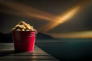 a bucket of chips sitting on a wooden table. AI-Generated photo