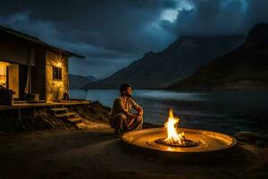 a man sits by the fire pit in front of a cabin in the mountains. AI-Generated photo