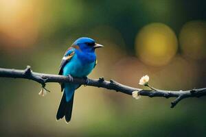 un azul pájaro sentado en un rama con un flor en el antecedentes. generado por ai foto