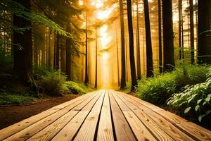 wooden path in the forest with sun shining through the trees. AI-Generated photo