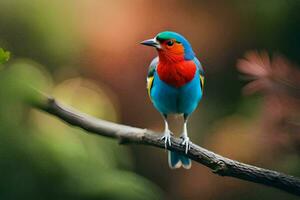 un vistoso pájaro es sentado en un rama. generado por ai foto