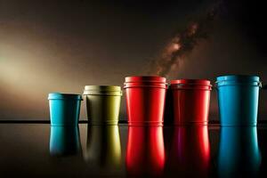 a row of colorful cups on a black surface. AI-Generated photo