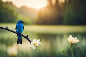 a blue bird sits on a branch near a lake. AI-Generated photo