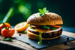 a hamburger with tomatoes and cheese on a wooden board. AI-Generated photo