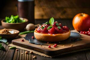 a strawberry and raspberry tart on a wooden cutting board. AI-Generated photo