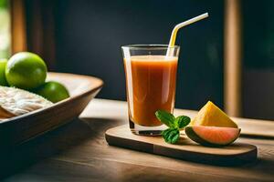 un vaso de naranja jugo con un Paja y un rebanada de melón. generado por ai foto