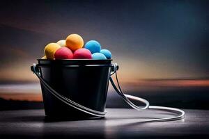 a bucket filled with colorful eggs on a table. AI-Generated photo