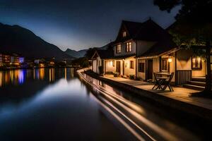 a house on the river at night with a long exposure. AI-Generated photo