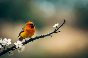 a small orange bird sits on a branch with white flowers. AI-Generated photo