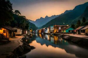 a river in the mountains with houses and mountains in the background. AI-Generated photo