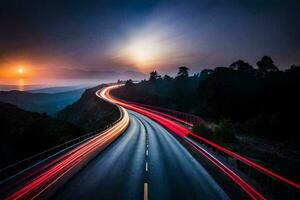 un largo exposición foto de un autopista a puesta de sol. generado por ai