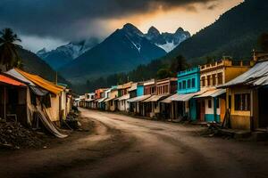 a street in the mountains with colorful houses. AI-Generated photo