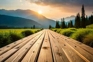 wooden walkway in the mountains. AI-Generated photo