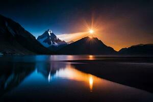 el Dom brilla terminado un montaña rango y un lago. generado por ai foto