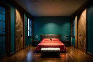 a bedroom with a red bed and wooden floors. AI-Generated photo