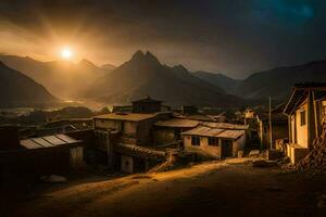 the sun sets over a village in the mountains. AI-Generated photo