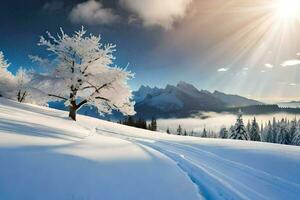 un árbol en el nieve con el Dom brillante. generado por ai foto