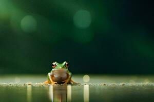 a frog sitting on the ground in front of a green background. AI-Generated photo