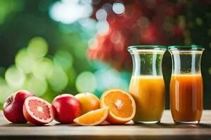 dos lentes de naranja jugo y un vaso de pomelo jugo. generado por ai foto
