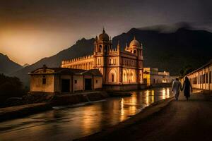 a man and woman walk down a road in front of a church. AI-Generated photo