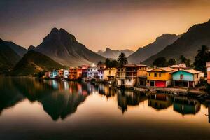 colorful houses on the shore of a lake. AI-Generated photo